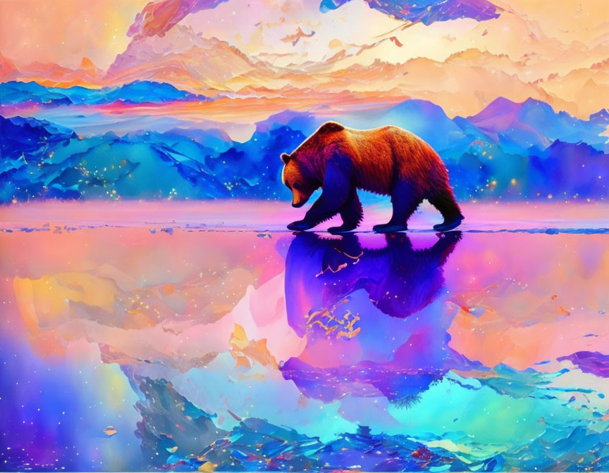 Bear walking on colorful reflective surface under vibrant sky