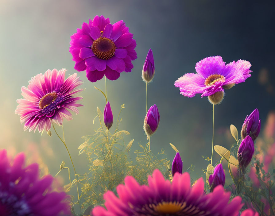 Colorful Purple and Pink Flowers in Different Stages of Bloom on Warm Background