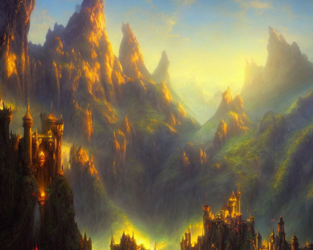 Majestic castles in sunlit mountain landscape