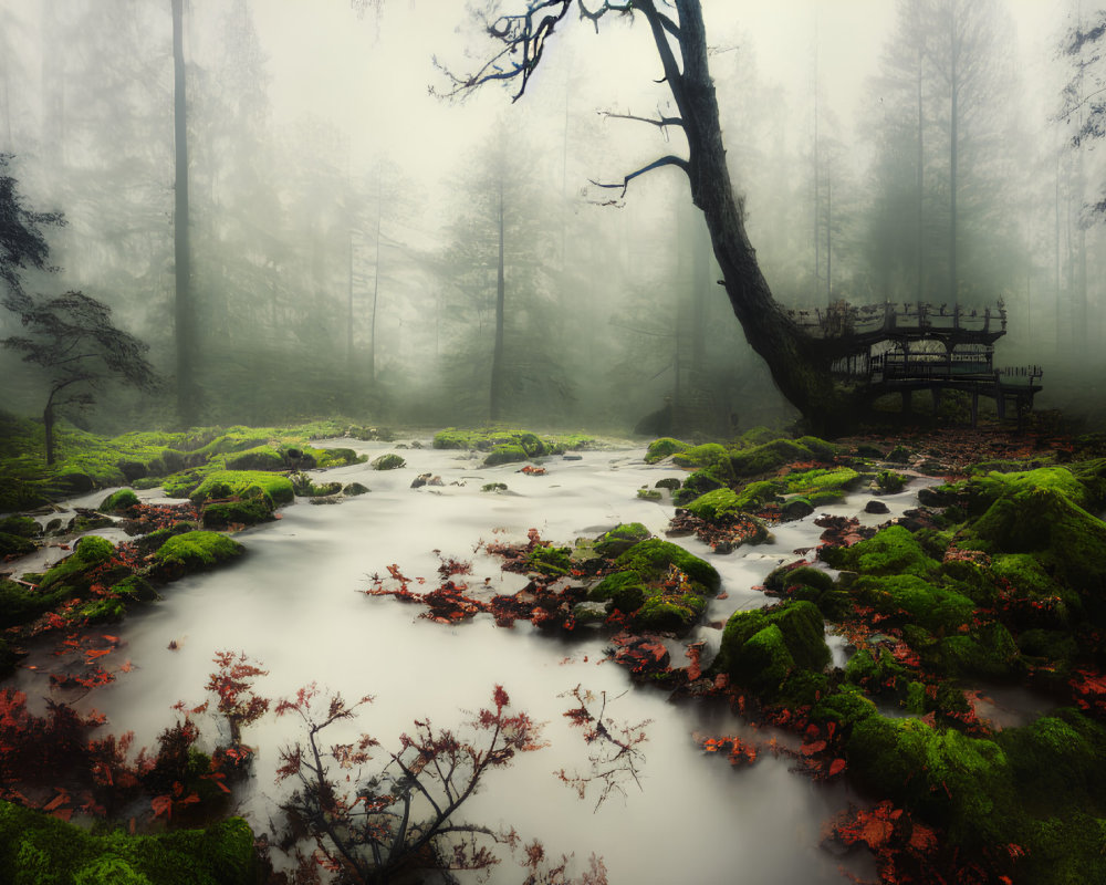 Tranquil forest scene with stream, mossy rocks, red leaves, and wooden bridge