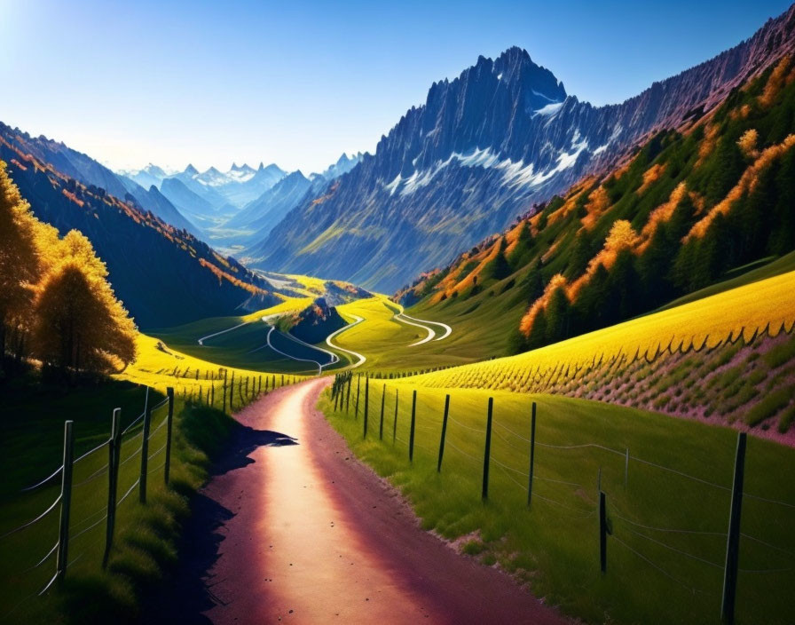 Scenic mountain road amidst green and yellow fields with jagged peaks and blue sky