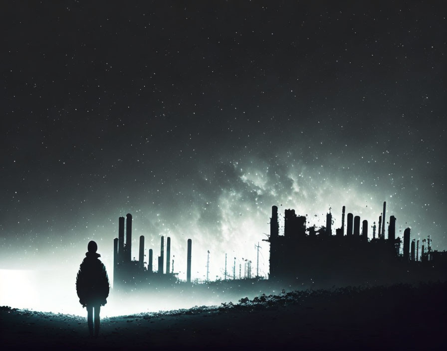 Silhouette of person against glowing metropolis and starry sky.