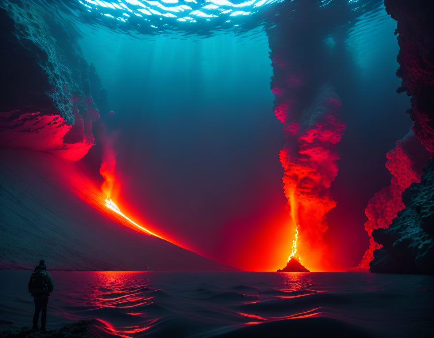 Person in ice cave watching volcanic eruption with lava flows