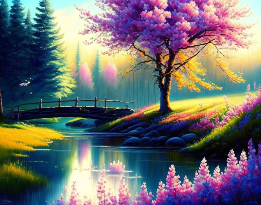 Tranquil landscape with pink tree, river, bridge, and colorful flowers