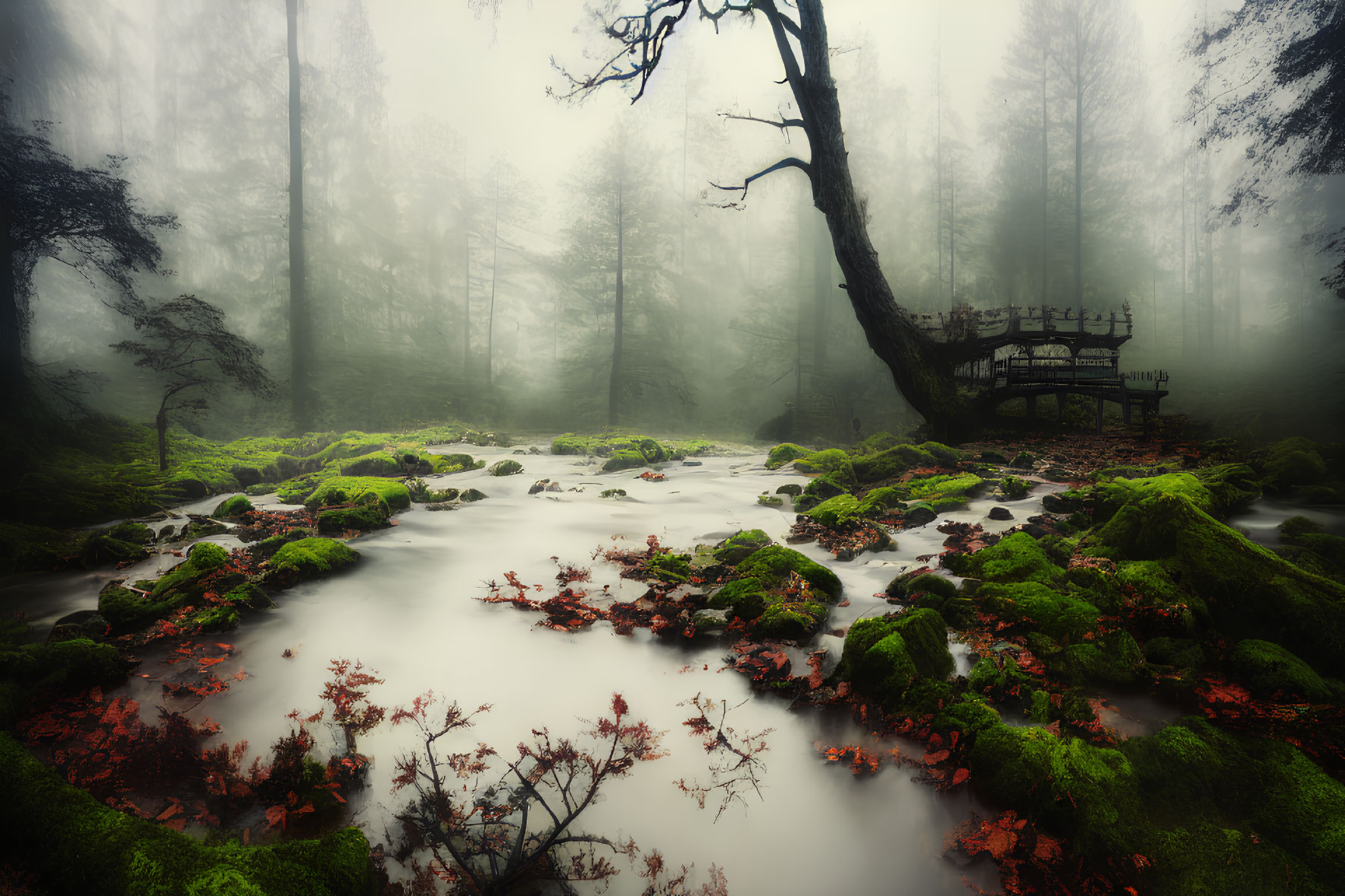 Tranquil forest scene with stream, mossy rocks, red leaves, and wooden bridge