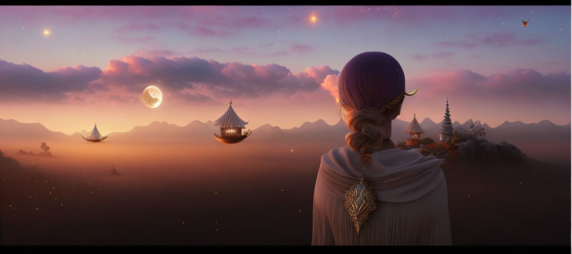 Person admires magical twilight sky with crescent moon, floating ships, and distant mountains in warm,