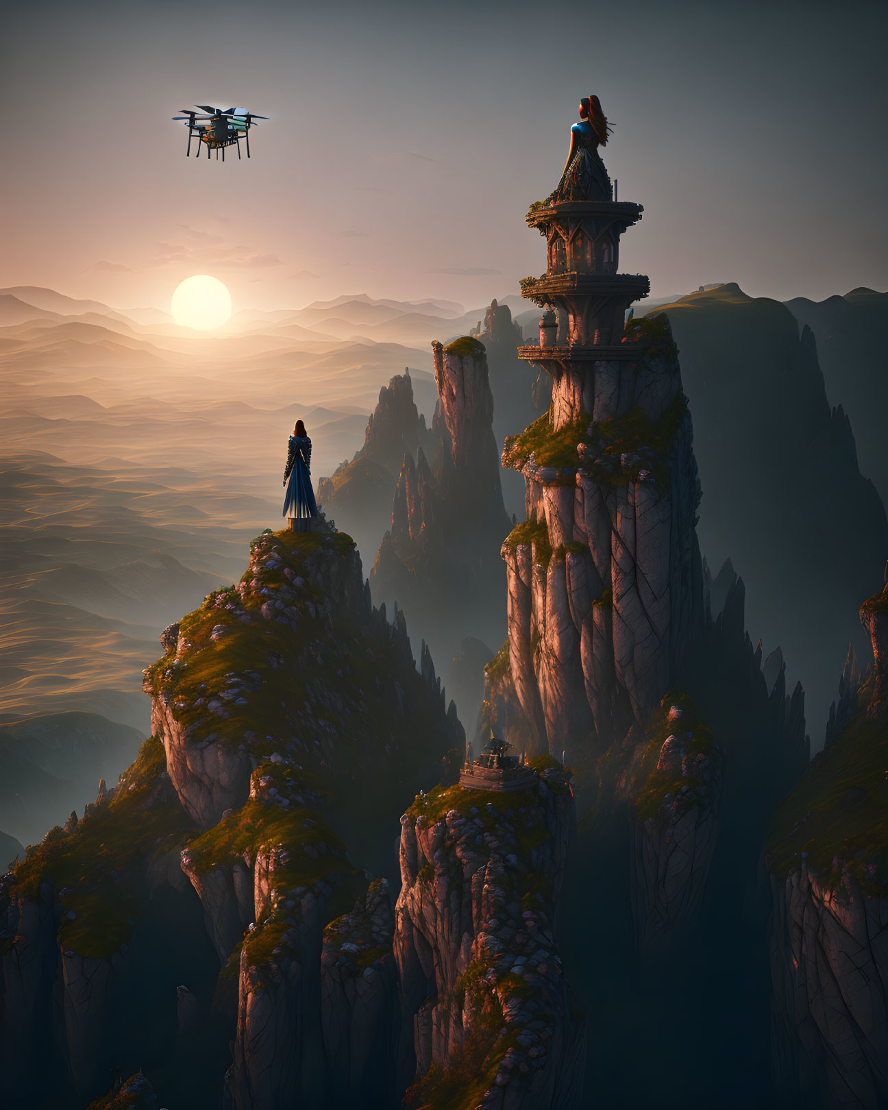 Mystical sunset scene with two figures, flying structure, and amber sky