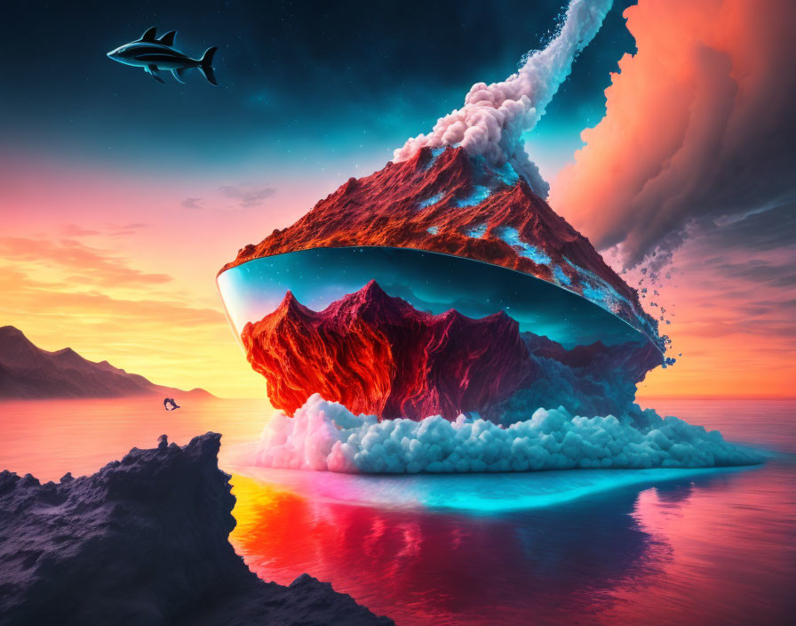 Surreal inverted mountain above sea with flying shark at sunset