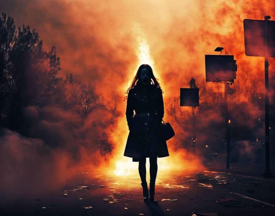 Silhouette of woman on smoke-filled street with glowing lights and street signs