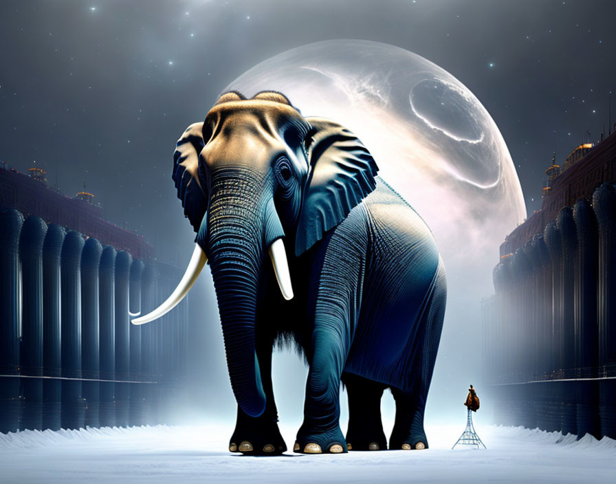 Gigantic elephant under large moon with tiny person on ladder among towering structures