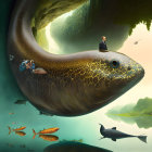 Man sitting on giant flying whale over fantastical forest with fish-like vehicles