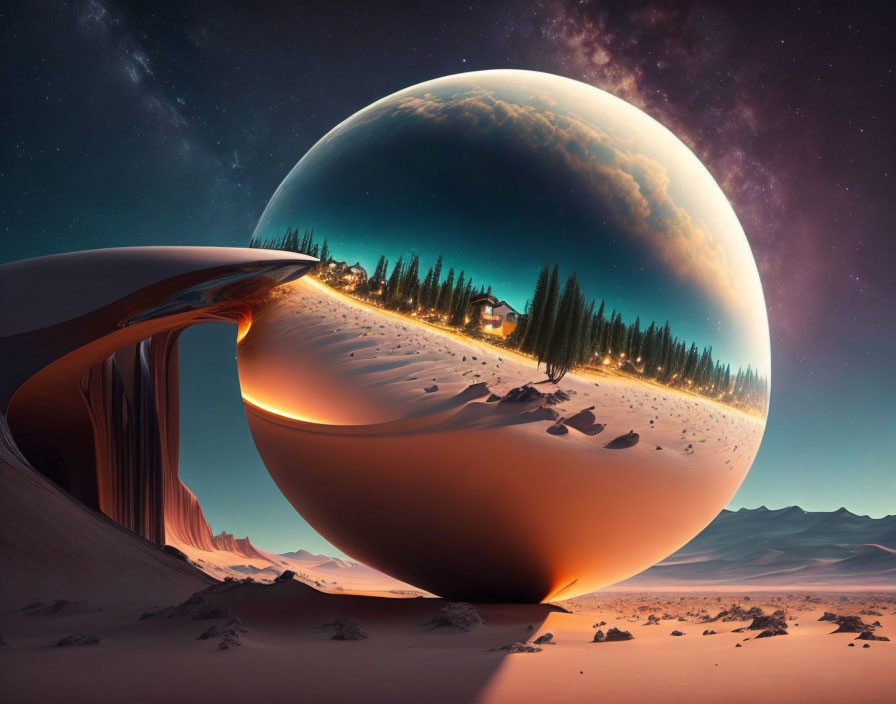 Surreal landscape with reflective sphere in desert forest scene