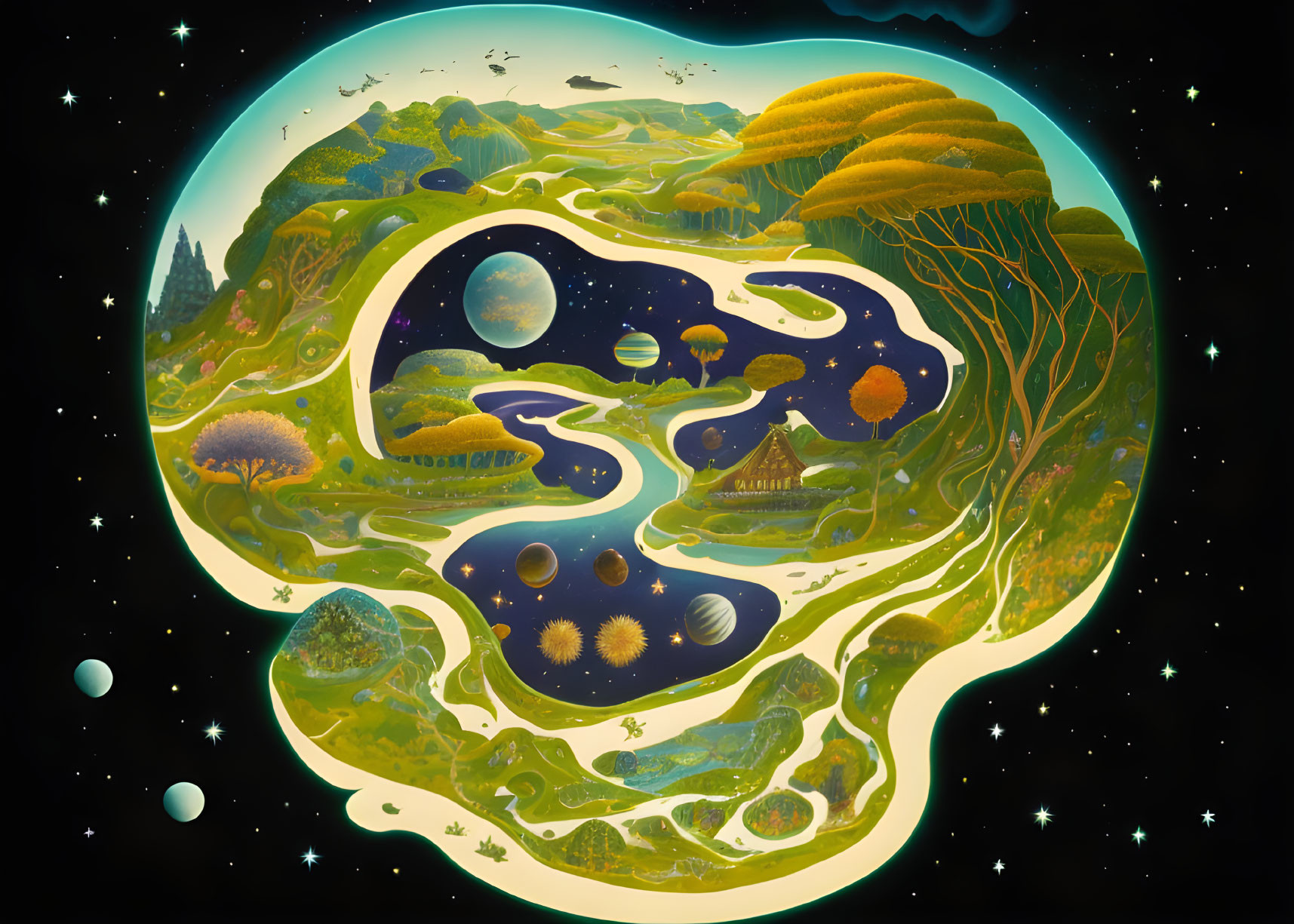 Whimsical yin-yang illustration blending landscape and night sky