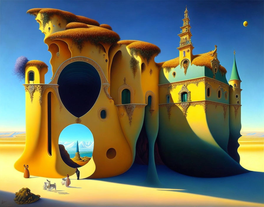 Surreal golden castle in fantasy landscape under blue sky