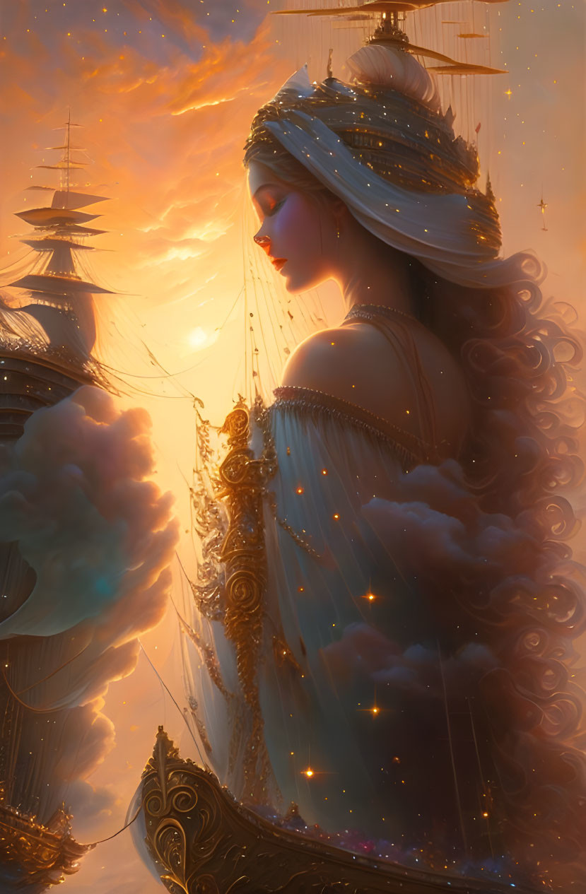 Fantastical sunset scene with ethereal woman and ornate headgear among clouds and ships