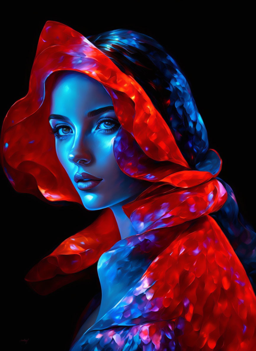 Digital artwork: Woman with blue eyes in red hood on dark background