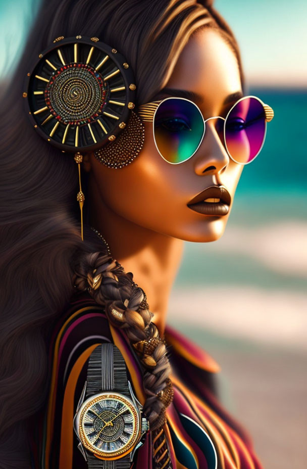 Detailed digital illustration of woman with sunglasses and elaborate earrings against beach backdrop.