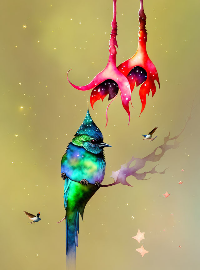 Colorful Bird Perched on Branch with Fantastical Flowers and Whimsical Background