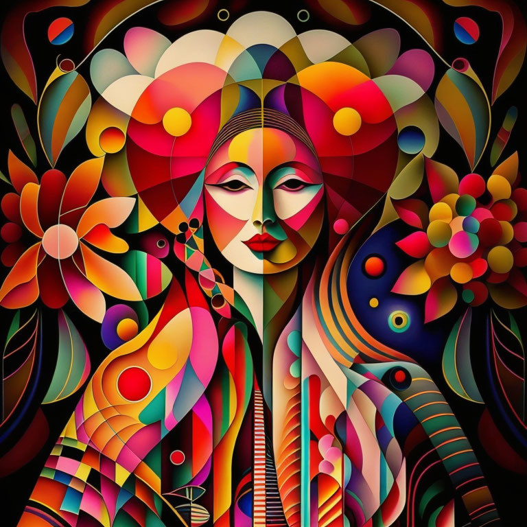 Symmetric abstract portrait with vibrant colors and floral motifs