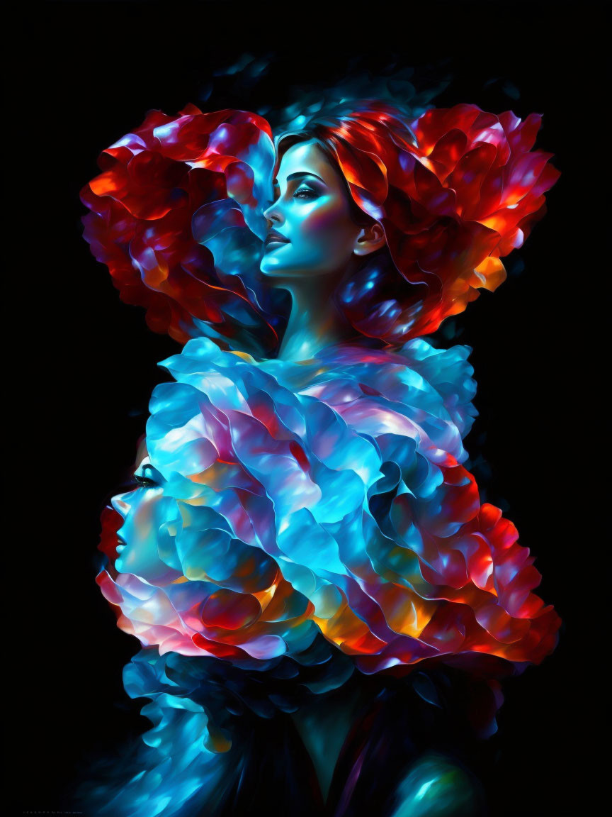 Colorful digital artwork: Woman with floral aura on dark background