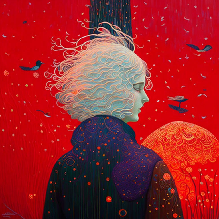 Portrait of a person with swirling hair on vibrant red background with birds and flora