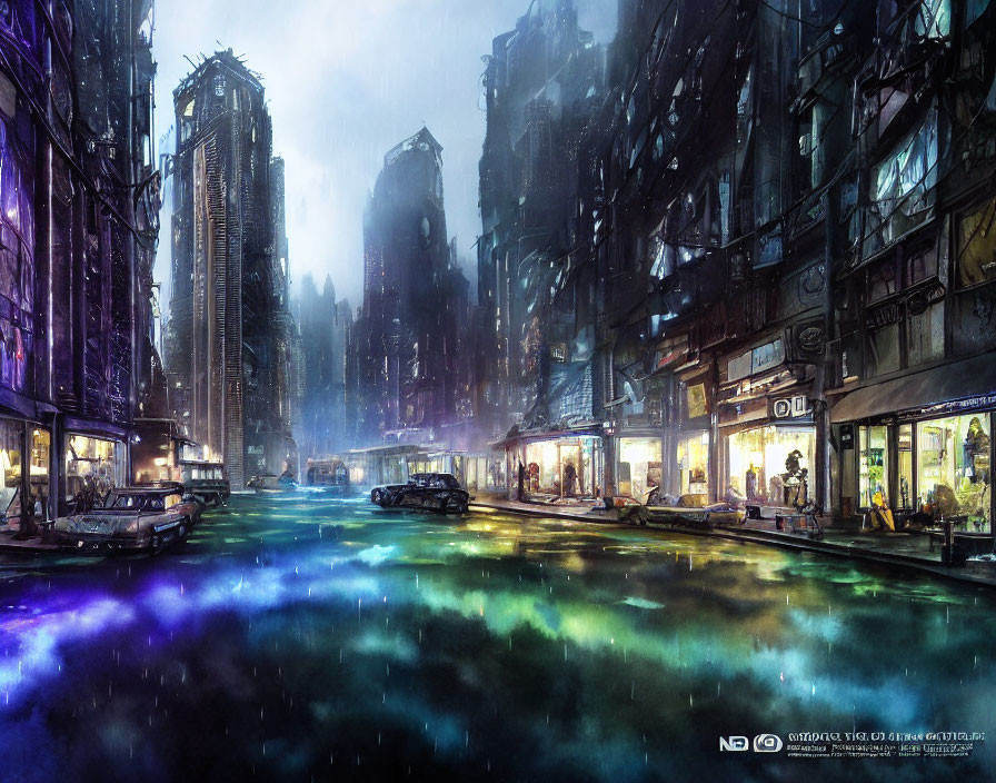 Futuristic city street with neon lights, rain, high-rise buildings, cars, and reflections