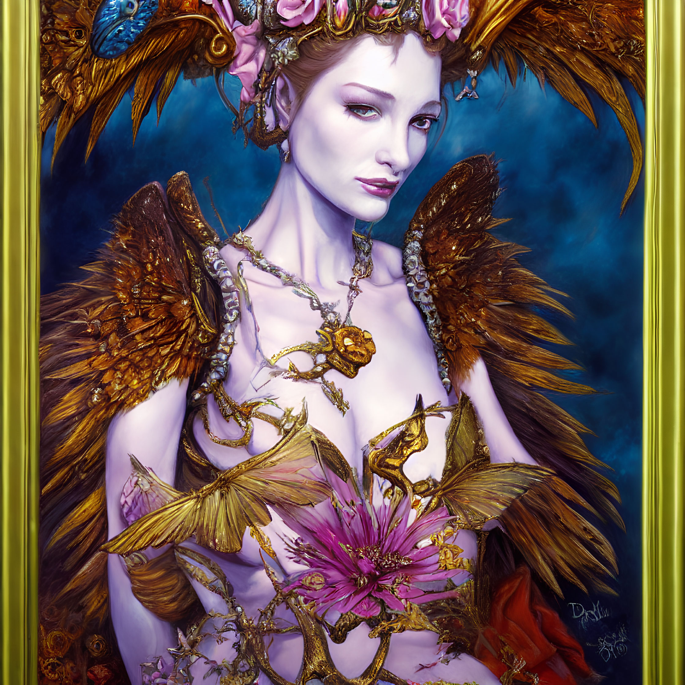 Fantastical female figure with bird-like wings in vibrant blues and golds