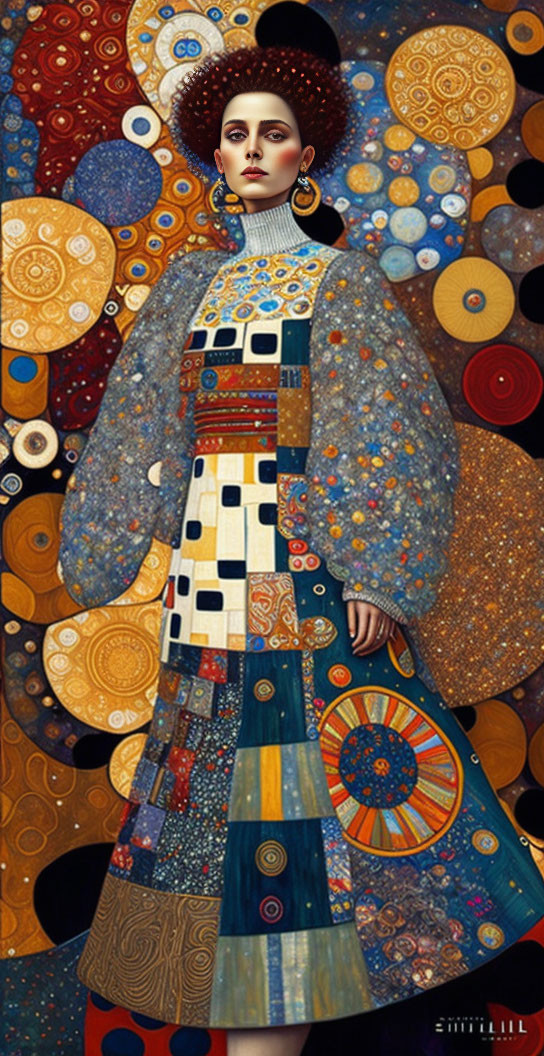 Digital artwork: Woman's portrait merges with Klimt-style patterned gown in celestial setting