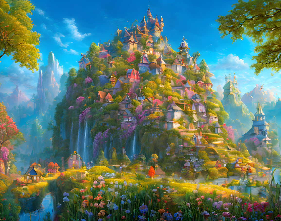 Majestic castle in vibrant fantasy landscape