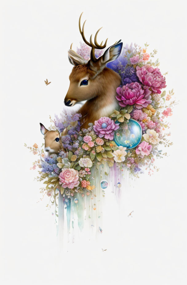 Colorful Flower Scene with Deer and Fawn Illustration