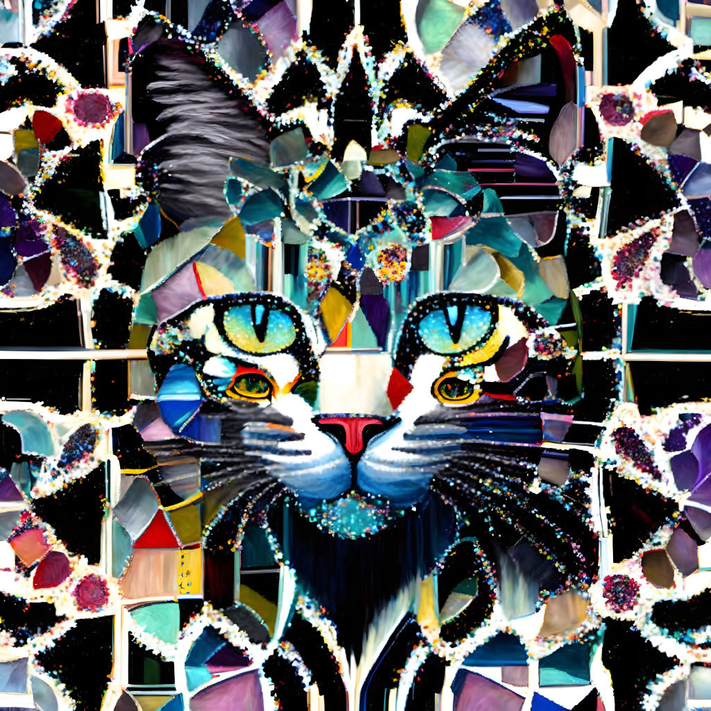 Symmetrical cat face digital collage with jewel-like details