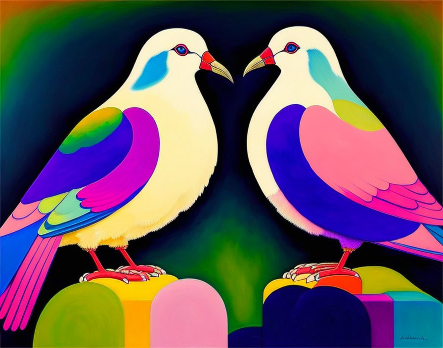 Colorful Stylized Birds Facing Each Other on Dark Background