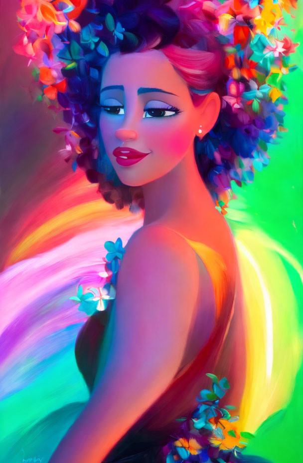 Colorful Flower Crown Woman Illustration with Rainbow Background