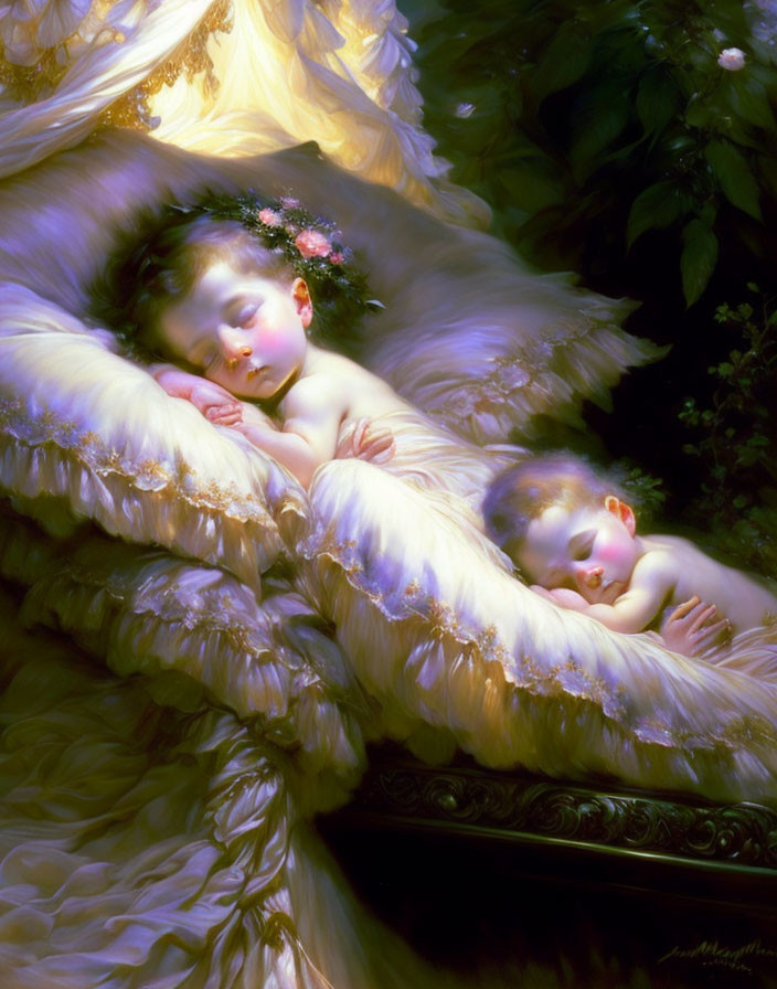 Children sleeping in luxurious white bedding with floral adornments, bathed in soft light