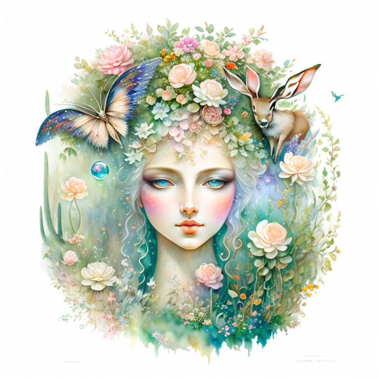 Illustration of serene female face with flowers, fawn, butterfly, and bubble in nature-inspired palette