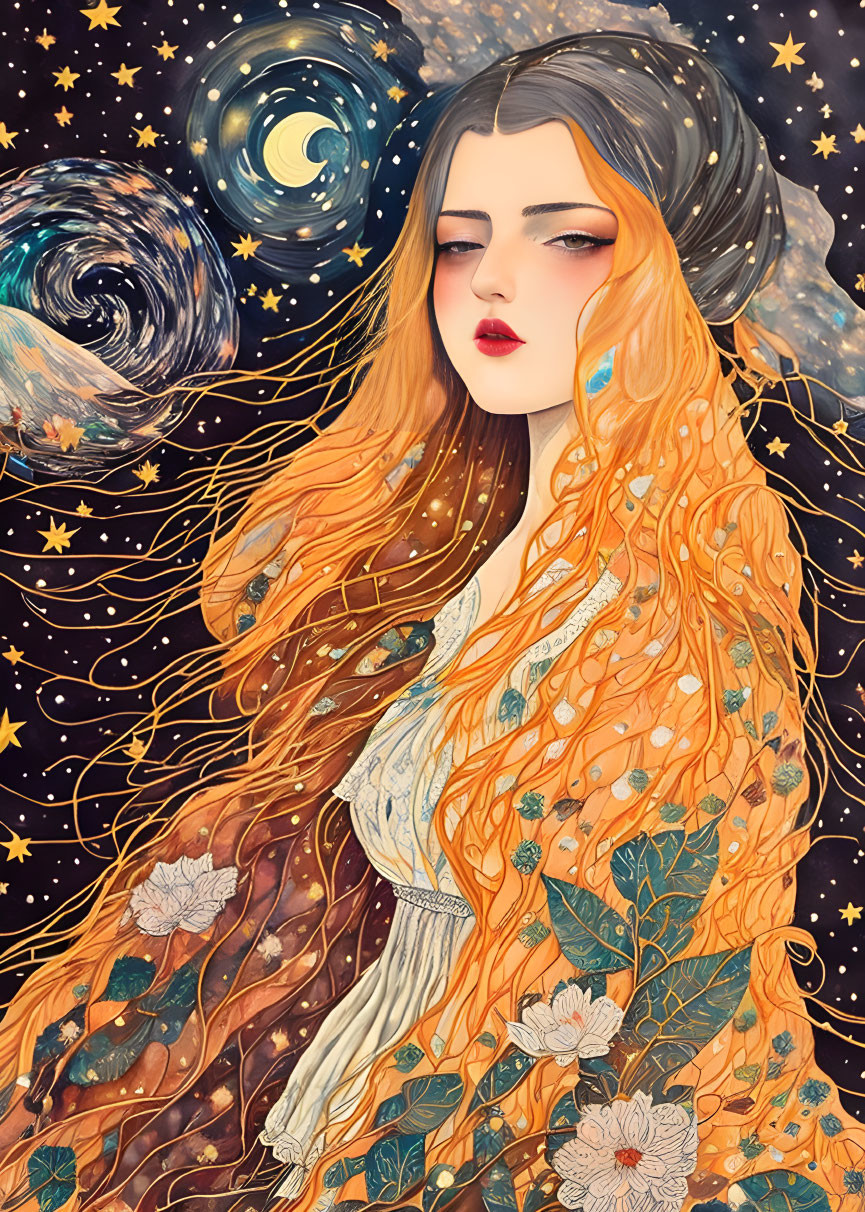 Stylized illustration of woman with flowing hair and cosmic motifs