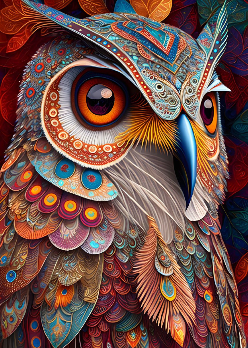 Colorful Owl Illustration with Detailed Eyes and Ornamental Feathers