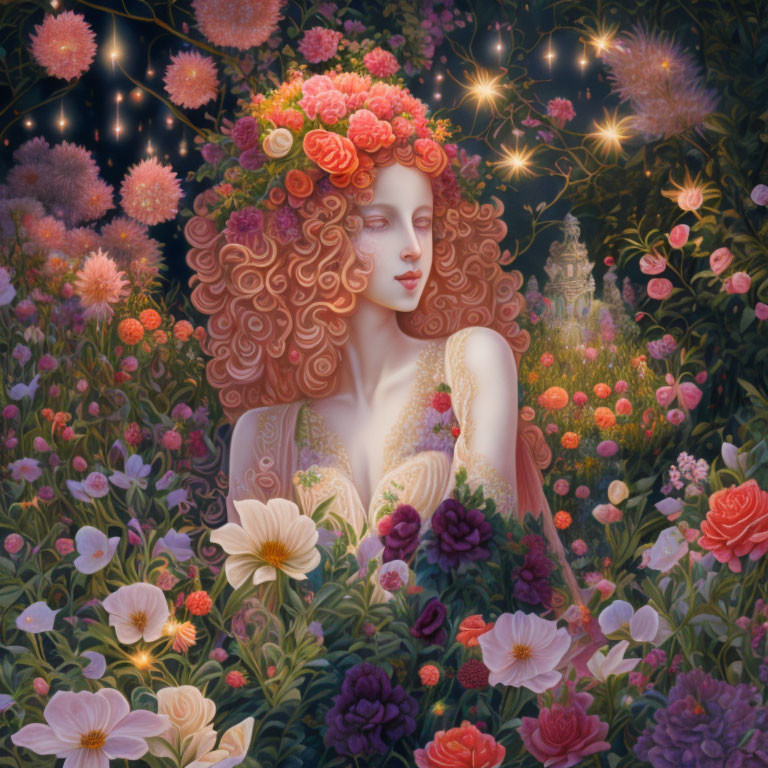 Curly-haired woman with roses in night garden illuminated by fairy lights