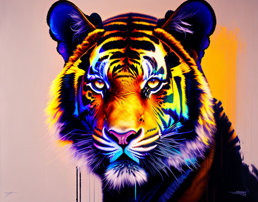 Vibrant neon tiger face art on pink background