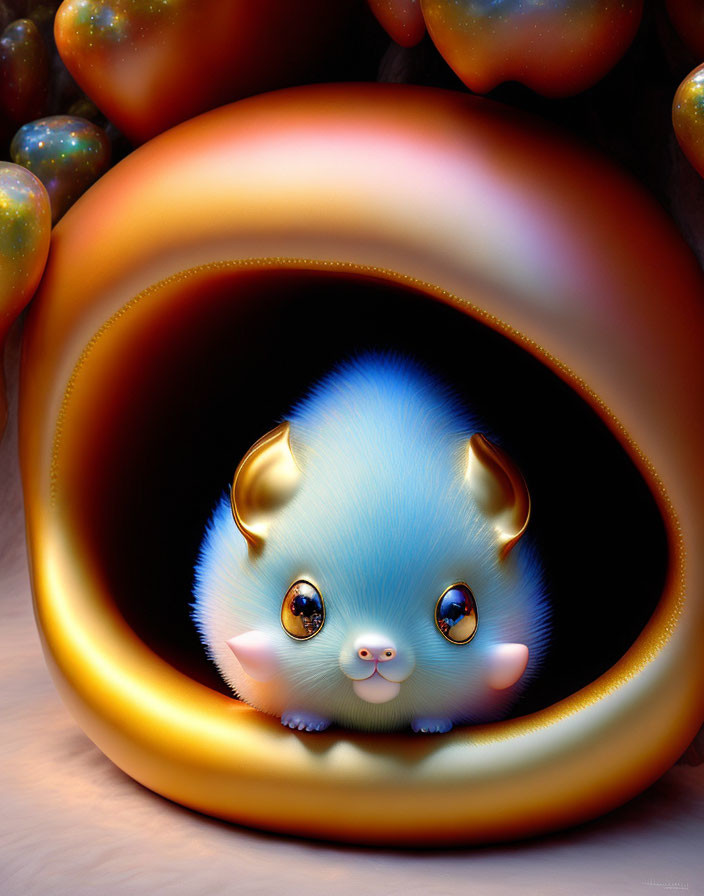 Blue Chubby Creature with Big Eyes and Horns Peeking from Golden Hollow Object