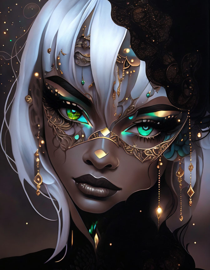 Illustrated portrait of female figure with white hair and captivating green eyes, adorned with gold and black jewelry