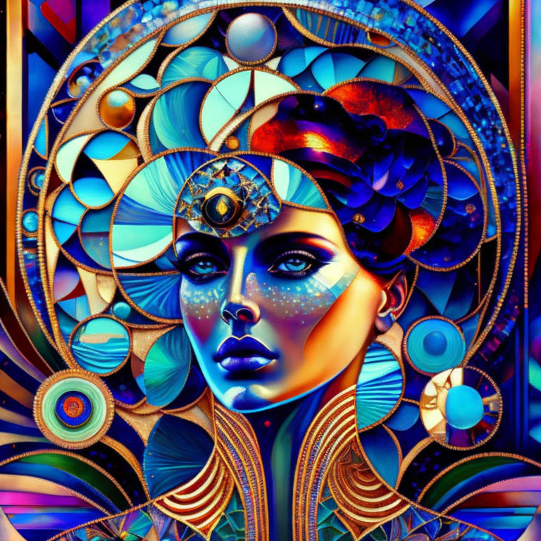 Colorful Art Nouveau-inspired Female Face with Elaborate Patterns