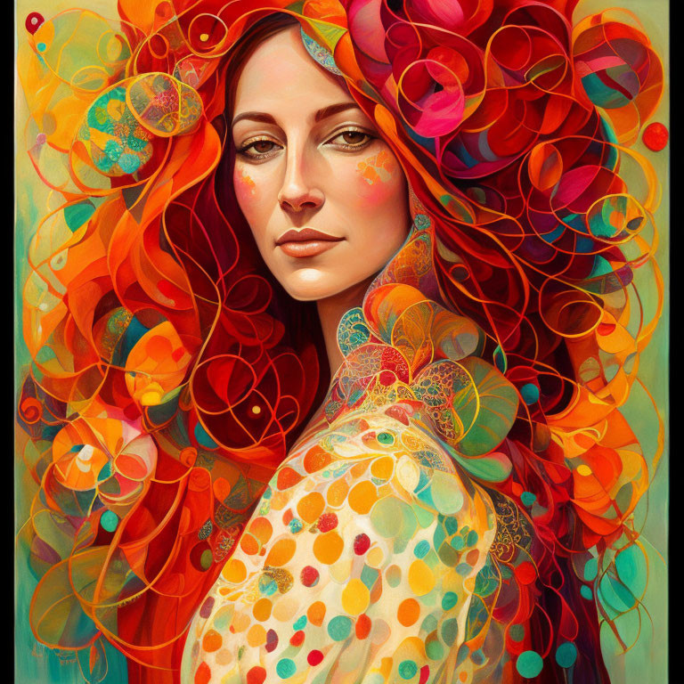 Colorful painting of a woman with flowing red hair and intricate patterns