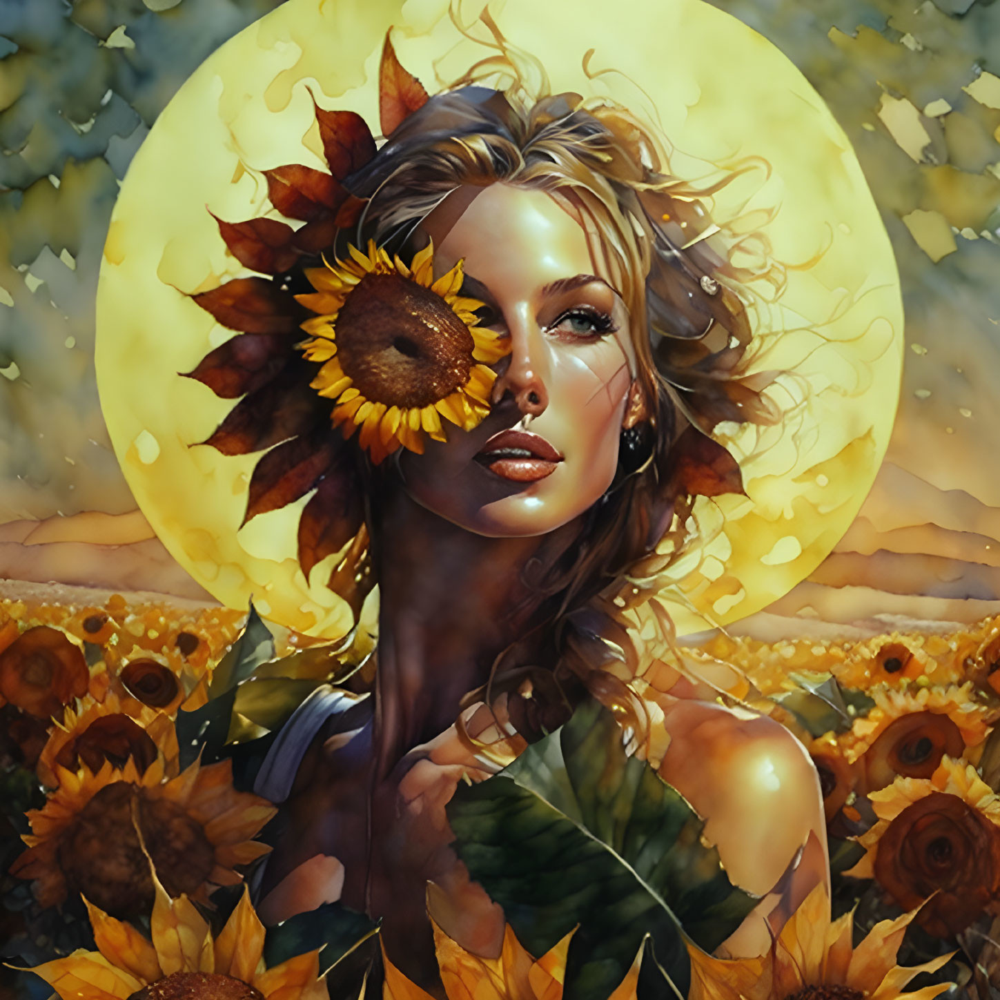 Stylized portrait of woman with sunflower adornments under full moon