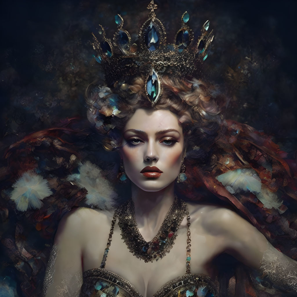 Regal woman with blue gemstone crown and ornate jewelry on dark background