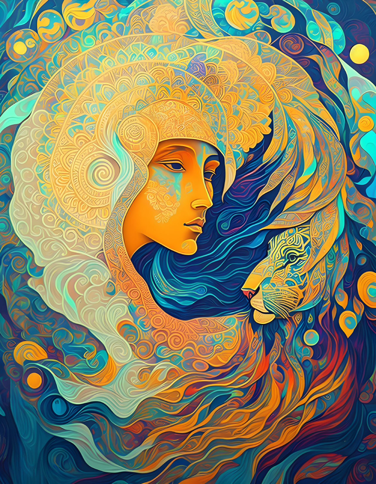 Colorful digital art: Woman and lion merge in vibrant swirls