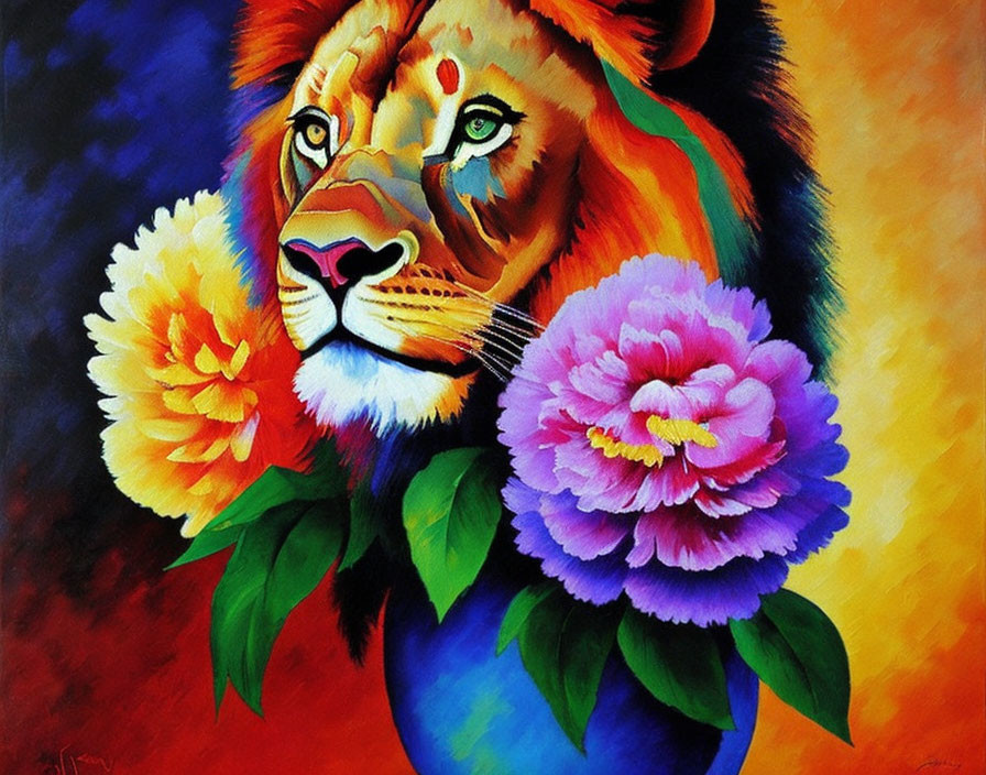 Colorful Lion Painting with Fiery Orange to Cool Blue Mane and Pink Flowers