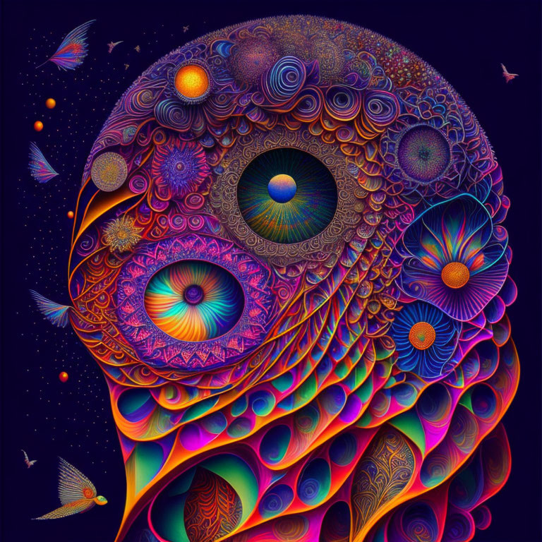 Colorful Psychedelic Owl Illustration with Celestial Patterns