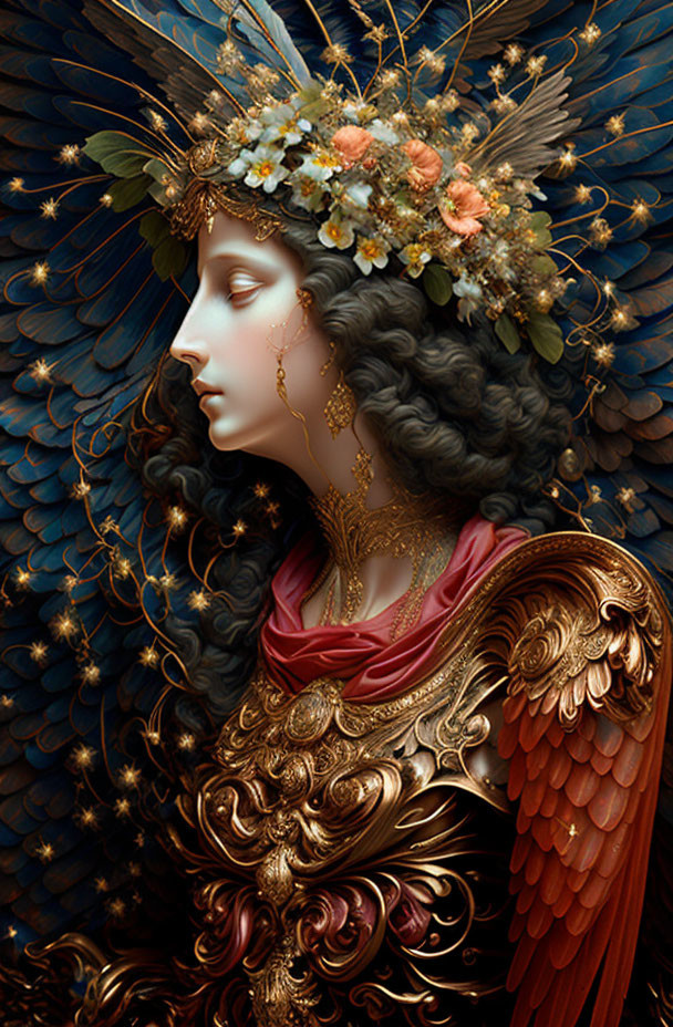 Mythical female figure with gold headdress, feathered wings, floral crown, and burgundy