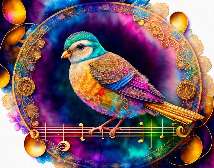 Colorful bird illustration on music staff against cosmic backdrop